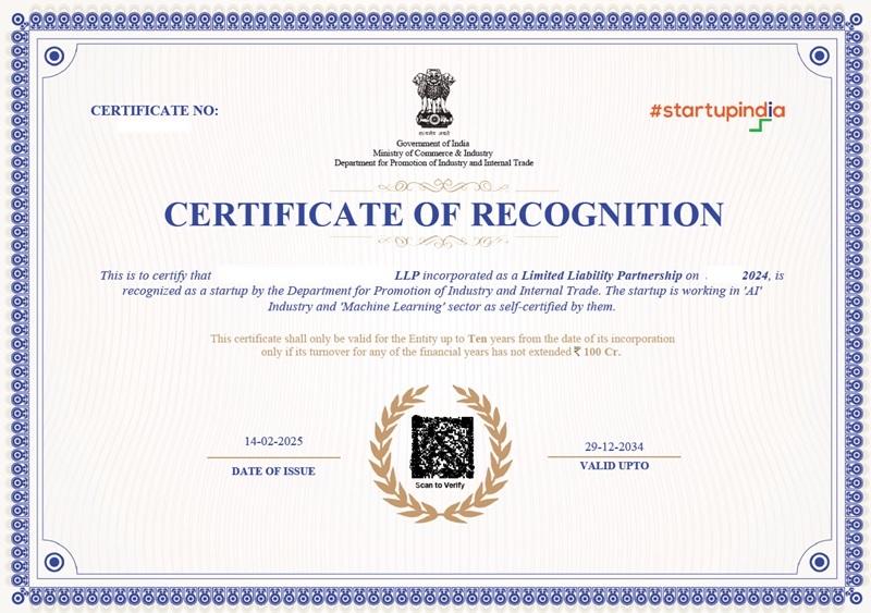 DPIIT Certificate of Recognition