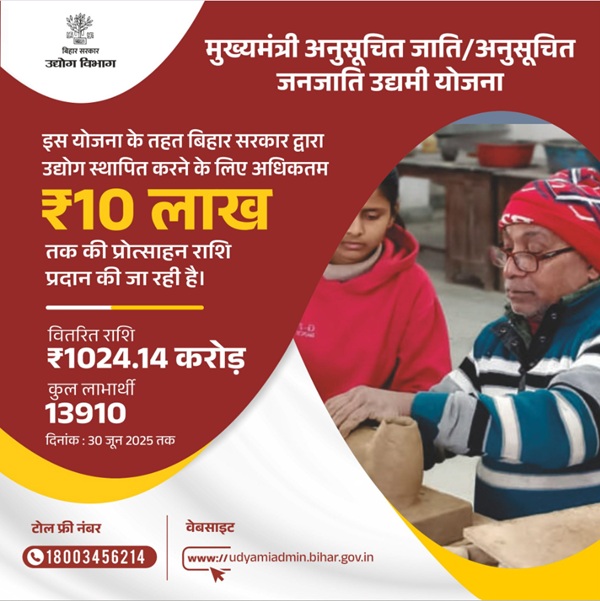 बिहार मुख्यमंत्री अनुसूचित जाति एवं अनुसूचित जनजाति उद्यमी योजना लाभार्थी 